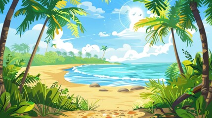 On the seashore in a picturesque bay there is a beach resort created as if from a cartoon. an ideal place for relaxation and entertainment on beautiful sandy shores.Ai Generated