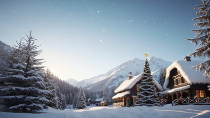 Mountain Town Village House: Winter Christmas Tree for New Year's Eve Celebration