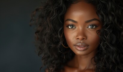 Beautiful African American woman with long curly hair on black background