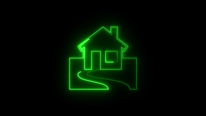 Neon light bank icon and home sign on black Screen illustration.