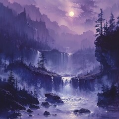 painting of a waterfall in a mountain with a full moon