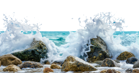 Sea or ocean waves crashing into rocks on the beach coast. Turquoise water in motion with breaking spray effect isolated on transparent background
