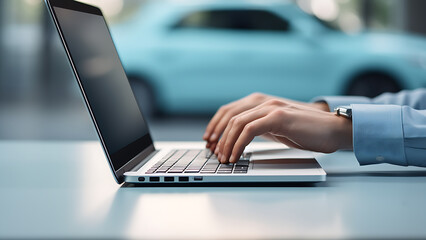 Businessman typing on laptop with car in background. car insurance. car sales, car service.