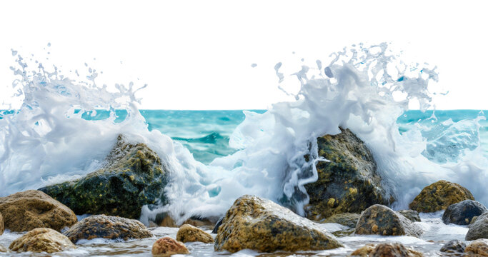 Sea or ocean waves crashing into rocks on the beach coast. Turquoise water in motion with breaking spray effect isolated on transparent background