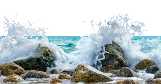 Sea or ocean waves crashing into rocks on the beach coast. Turquoise water in motion with breaking spray effect isolated on transparent background