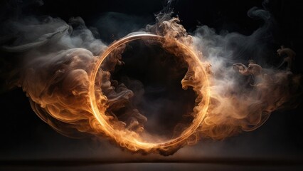 Circular Brown Smoke explodes outward, with dramatic smoke or fog effect with a scary Dark background - obrazy, fototapety, plakaty