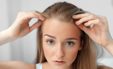 Fototapeta premium Woman loosing hair. losing hair problem, Treated healthy medical treatment hair lost concept.