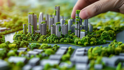 Hand built urban miniature, featuring green cityscape elements.