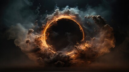 Circular Brown Smoke explodes outward, with dramatic smoke or fog effect with a scary Dark background