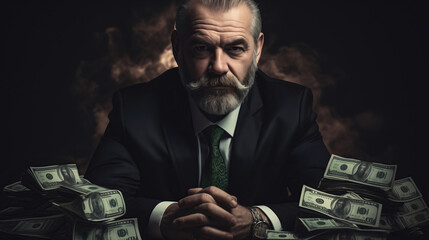 The executives fortune. A charismatic man in a sharp suit and tie sitting confidently at a table covered in stacks of money, exuding power and wealth - obrazy, fototapety, plakaty