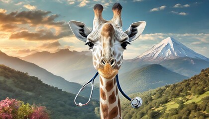 Cute giraffe with a stethoscope around its neck in front of a nature view