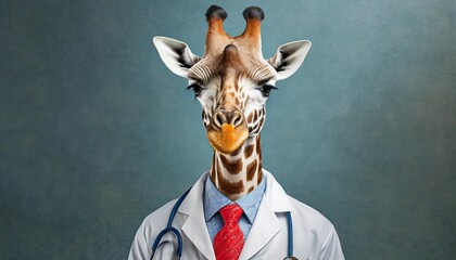 Cute giraffe in a doctor's outfit with a stethoscope around his neck