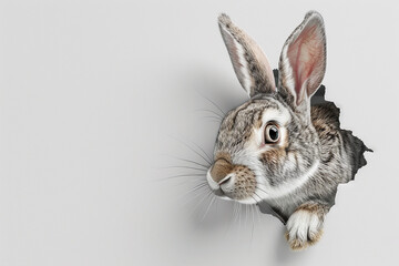 Obraz premium A rabbit is peeking out from a hole in a wall
