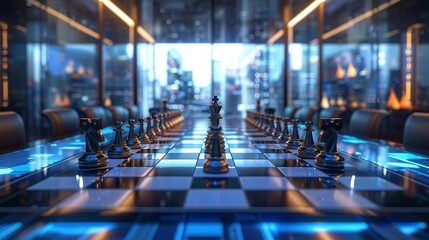 An advanced, high-tech chess game illuminated with blue neon lighting, symbolizing strategy and intelligence.