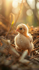 A baby chick is standing in the grass