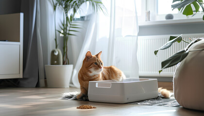 Litter box for cat on floor in room - obrazy, fototapety, plakaty
