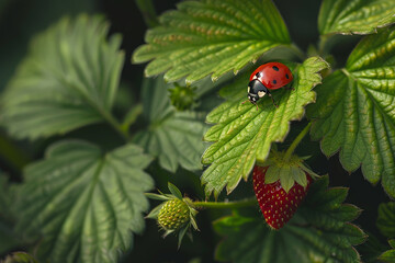 /imagine: A ladybug exploring the intricate leaves of a strawberry plant.