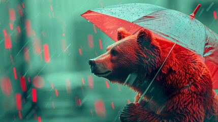 A red bear holding an umbrella as digital stock market data rains down, depicting protection during a bear market downturn.