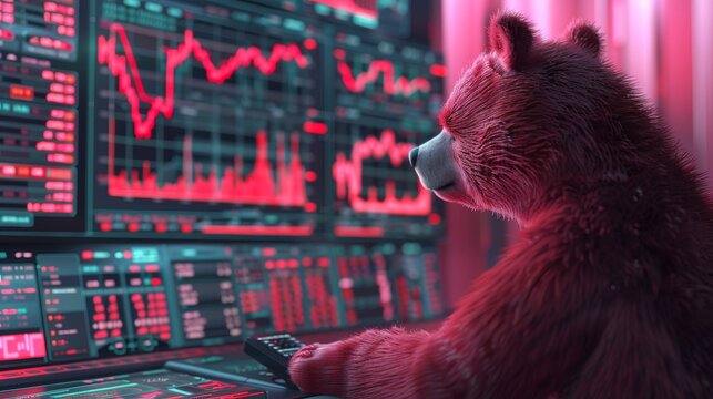 A bear observing multiple financial data screens, representing analysis and strategic thinking in a bearish stock market.