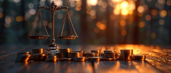 Elegant scales balancing stacks of coins in a warm light, depicting financial stability and fair investment practices.