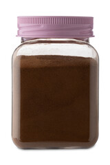 Instant soluble barley coffee powder in clear jar with rose-colored cap isolated