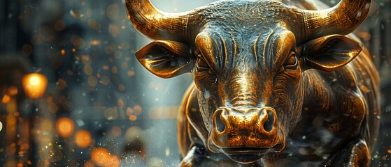 A golden bull amidst a network of fintech connections, illustrating the interconnectivity of modern financial markets.