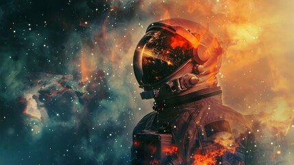 double exposure illustration of an astronaut space background - obrazy, fototapety, plakaty