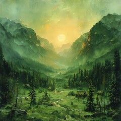 painting of a mountain valley with a river running through it - obrazy, fototapety, plakaty