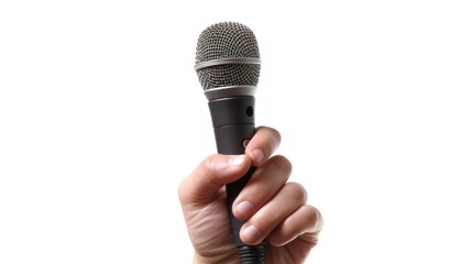 Hand hold mic on white and clean background