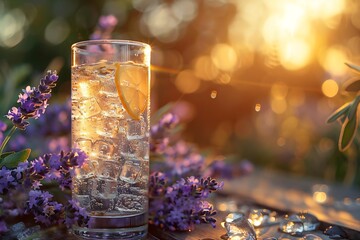 A glass of water with a lemon slice in it is on a table next to some lavender flowers - obrazy, fototapety, plakaty