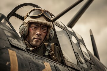 Pilot in Helmet Sitting in Airplane