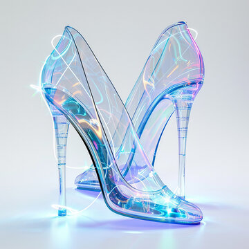 Two high-heeled shoes made of clear plastic, with a blue and purple hue