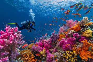 A colorful coral reef with a man in a black wetsuit diving in the water