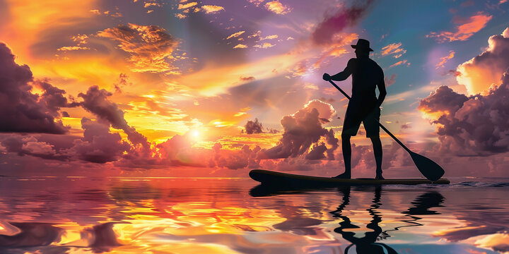 A man is paddling a surfboard on a calm ocean at sunset