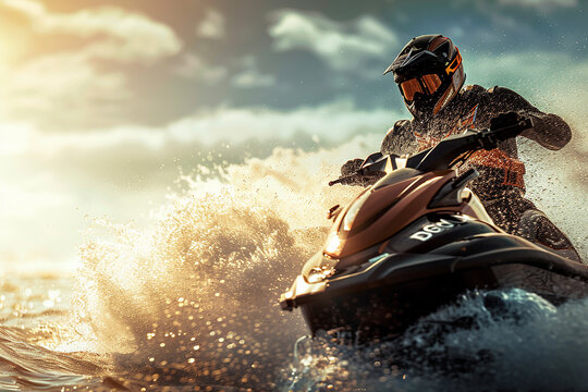 A man is riding a jet ski with the letters DCH on it