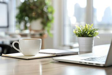 A white coffee cup sits on a table next to a laptop and a plant