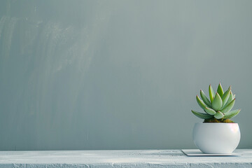 A small white vase with a green plant in it sits on a wooden table - Powered by Adobe