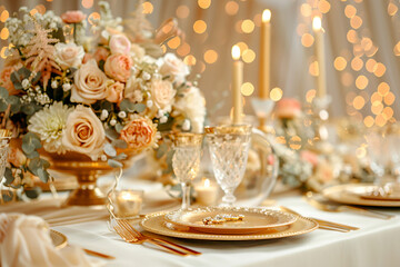 A table is set with a beautiful floral centerpiece and a variety of gold