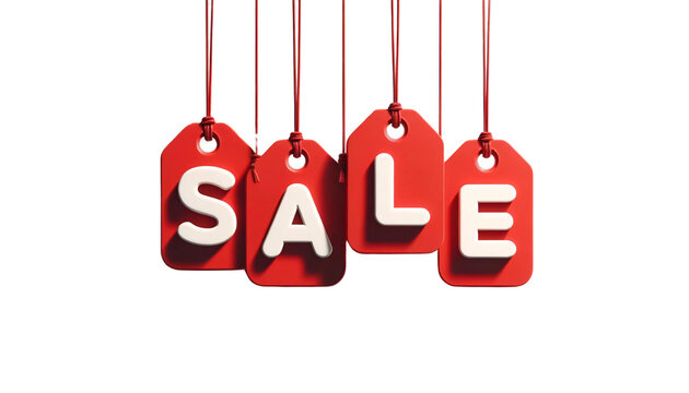 A transparent background, featuring four hanging red tags arranged in a line with 'SALE' word