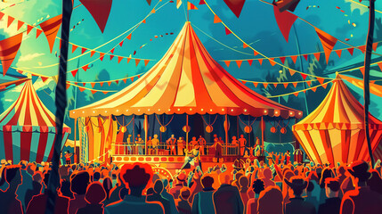 Circus tent with lively audience in 3D vector style