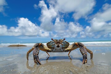 Crab on the beach with blue sky and white clouds in background
