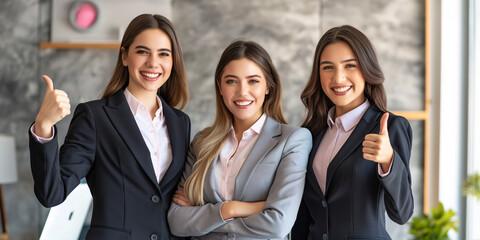 Three professional women in suits giving thumbs up in an office setting