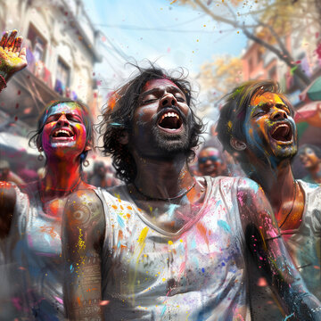 Holi's joyous colors erupt, laughter paints the air.