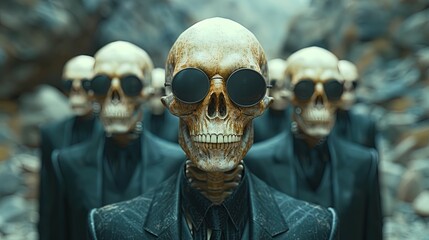 Quirky and surreal scene of skeletons donning impeccably tailored suits, blending the eerie with