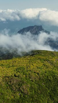 Flying over green mountains and clouds at Pico Ruivo, Madeira. Aerial view of great morning in mountains of Madeira island . Vertical Screen