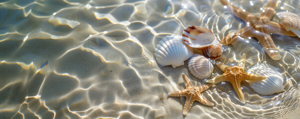 Seashells and starfish in clear sea water on sandy beach in the sunshine. Summer and travel concept banner.