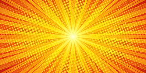Bright orange-yellow gradient abstract background. Orange comic sunburst effect background with halftone. Suitable for templates, sales banners, events, ads, web, and pages.