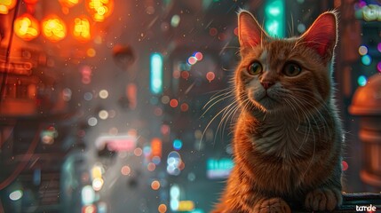 A cybernetic cat perches atop a skyscraper, its metallic frame glinting under the neon glow of t