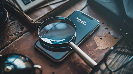 True crime concept with smartphone screen and magnifying glass.