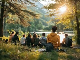 A group of people are sitting on the grass by a lake, enjoying the beautiful view and each other's company